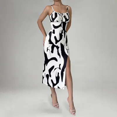 Vestido de Alças com Estampa Aleatória e Fenda na Coxa