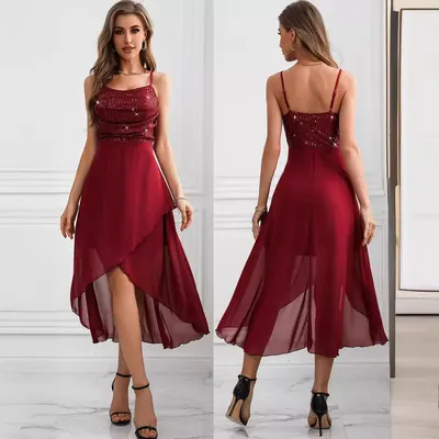 Vestido de chiffon com lantejoulas e patchwork sexy retrô, vestuário feminino transfronteiriço de comércio exterior europeu e americano, vestido de gala para AliExpress e Amazon