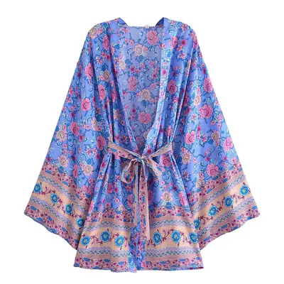 Rayon bohemisk tryckt bälte kimono kardigan