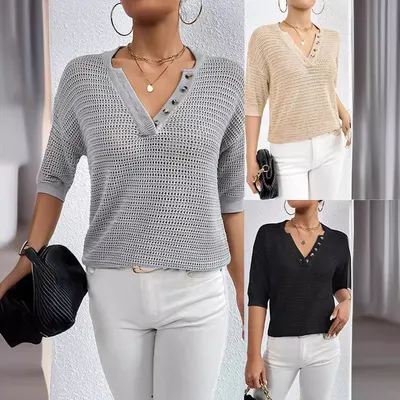 Ropa de mujer de punto hueco con cuello en V