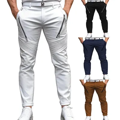 Pantalones ajustados elásticos de lápiz cónicos con cremallera plisada de color liso de estilo callejero de moda para hombre, para uso diario