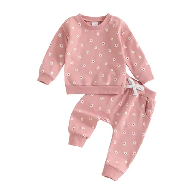 Conjunto de top e calças de manga comprida, estampado com flores