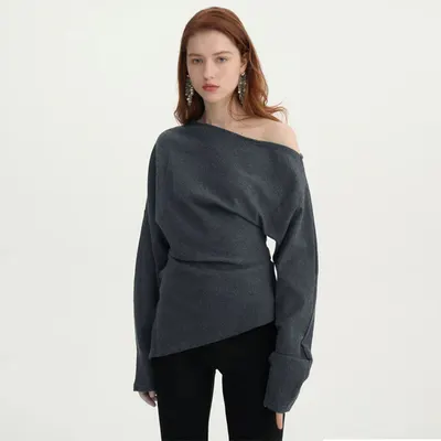 Top XY24507 Outono 2024 Novo Estiloso, Casual, Sólido e Versátil de Tricotar, Com Mangas Compridas e Ombro à Mostra, Estilo Preguiçoso para Mulheres