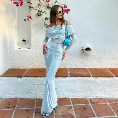 JY24475 Off-the-shoulder Mesh-rucherad klänning Dam Celebrity-stil Fashionabel Temperamentfull Sexig Något Genomskinlig Slim Fit Lång Klänning