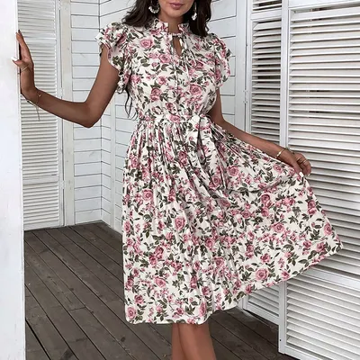European And American Pleated Skirt Floral Ruffle Sleeve Lace-up Dress