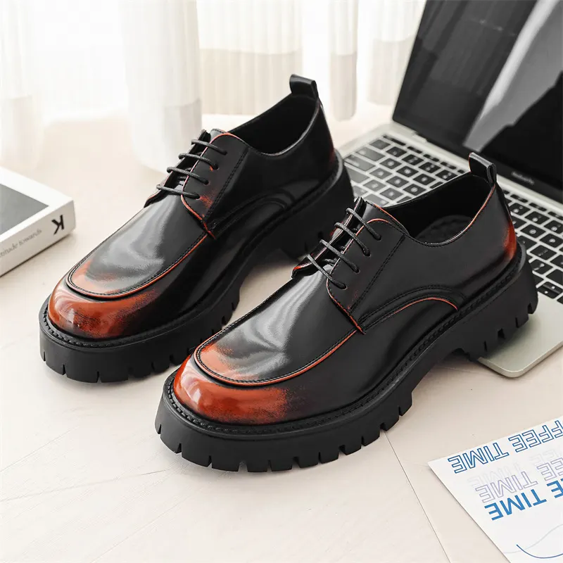 Zapatos casuales de cuero para hombre con suela gruesa y aumento de altura