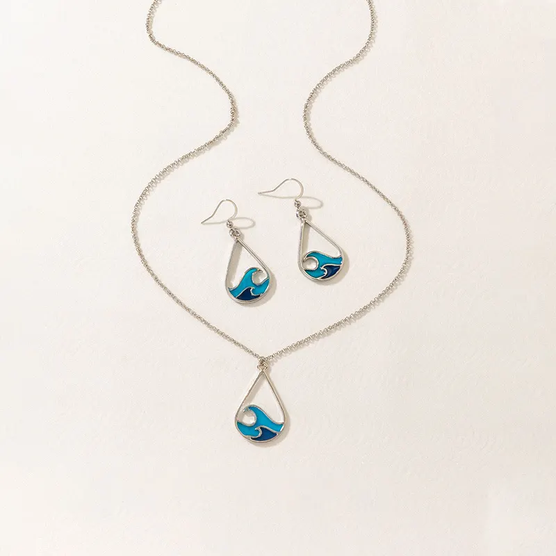 Conjunto de colar e brincos de aço inoxidável azul tidal