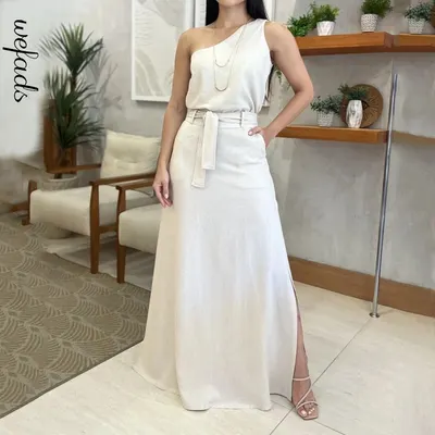 夏季新款欧美时尚纯色无袖上衣高腰开叉长裙两件套