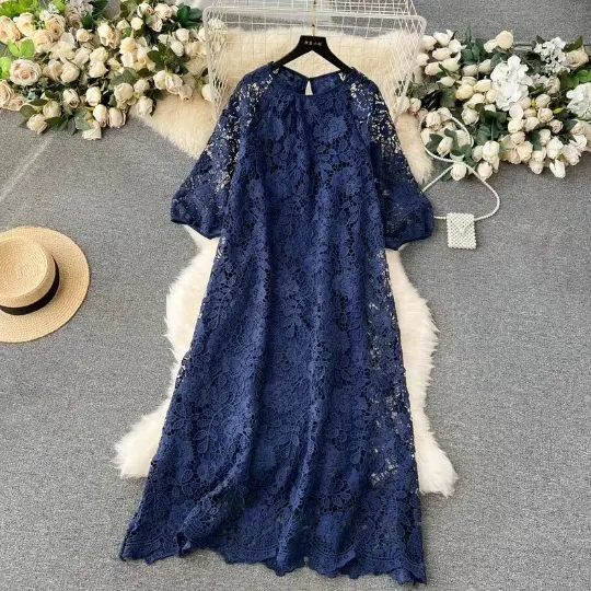 Vestido de Renda Doce, Novo, Retrô Francês, Bordado Pesado, Renda de Crochê oca, Vestido Comprido Formal Largo e Emagrecedor de Temperamento