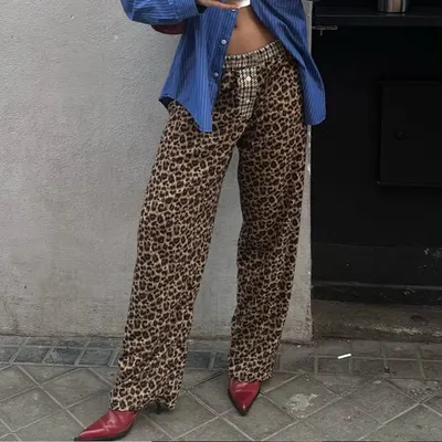 Gränsöverskridande trendvarumärke ny leopardmönsterbyxor, pendla elegant design hög midja lös avslappnade byxor europeisk och amerikansk stil kvinnobyxor