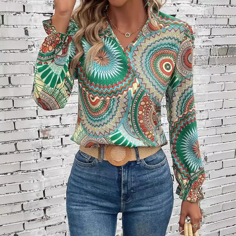 Top de camisa casual de gola V com estampado, manga comprida, para mulheres, transfronteiriço europeu e americano de 2024, plataforma independente AliExpress