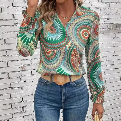 Top de camisa casual de gola V com estampado, manga comprida, para mulheres, transfronteiriço europeu e americano de 2024, plataforma independente AliExpress