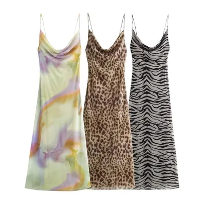 Vestido com alças, estampado de animais, estilo europeu e americano, elegante e moderno