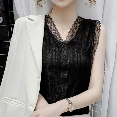 V-ringad Spets Sleeveless Yttre Bärbar Kostym Inner Väst