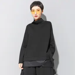 秋・冬 新 プラスサイズ レディースウェア ヨーロッパ＆アメリカ 個性 フェイクツーピース Tシャツ ルーズ ストレートカット スリット ファッション 細見え アウター Tシャツ