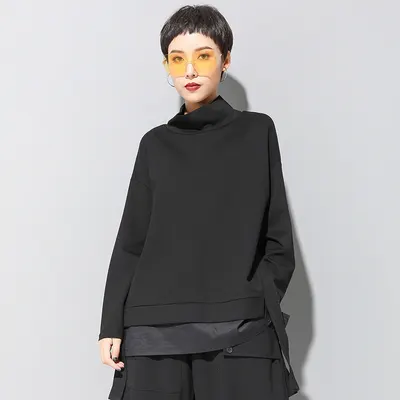 秋冬新款大码女装欧美个性假两件T恤宽松直筒开叉时尚显瘦外穿T恤