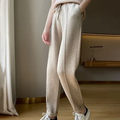Calças de lã pura 100% para mulher de outono e inverno, calças de cintura alta, calças de cashmere casuais, calças de estilo harem com perna fina, para usar fora