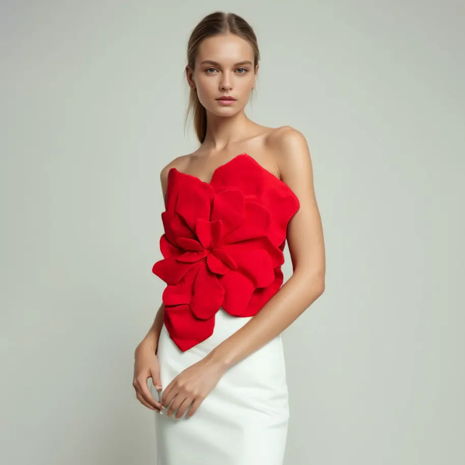 Top de faixa sem ombros com flores 3D