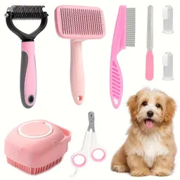 Set de 8 piezas de herramientas de aseo para perros, autolimpiante, cortaúñas, lima, peine para pulgas, cepillo quitapelos, cepillo de dientes de silicona
