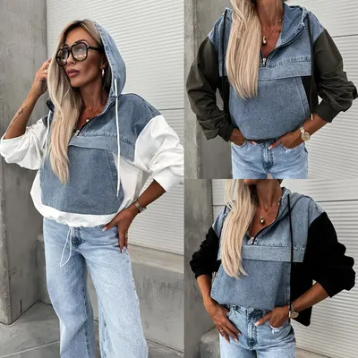 Sweatshirt feminina de moda solta casual, ganga desgastada com remendos e capuz