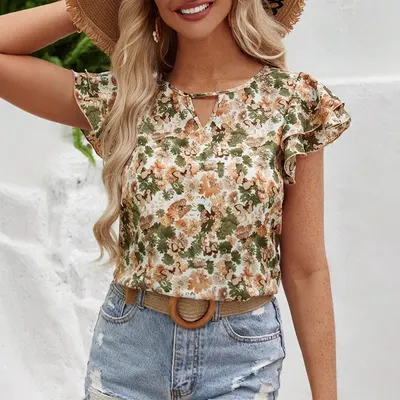 T-shirt de manga curta com gola V, folhos e estampado para mulher
