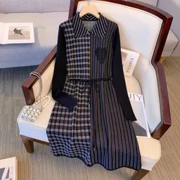 Vestido de tricot para mulher de outono/inverno, com laço na cintura, modelagem slim e cintura definida