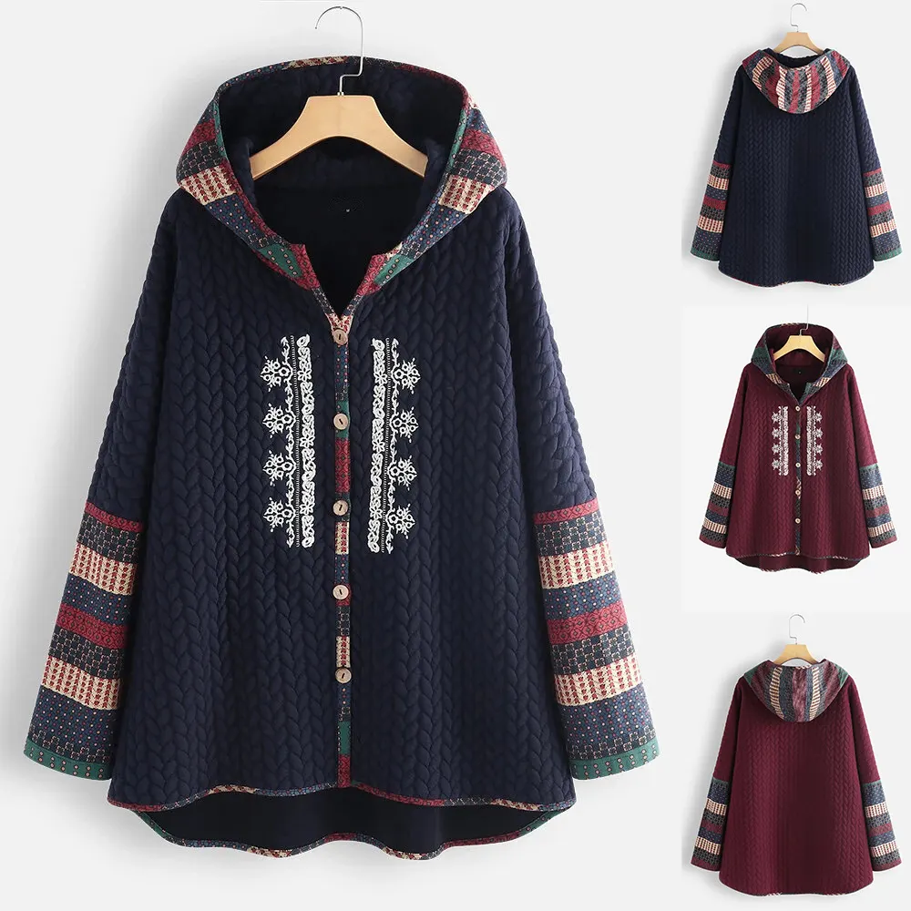 Casaco Acolchoado com Capuz Novo de Inverno e Outono, Modelo de Botão Único, Estilo Étnico, Casaco de Manga Comprida de Meio Comprimento para Mulheres