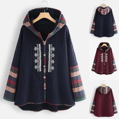 Autumn and Winter New Style Hooded Cotton Padded Jacket Single-breasted Ethnic Style Print Long-sleeved Mid-length Coat Women