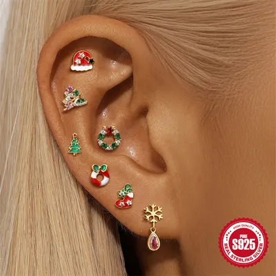 S925 Sterlingsilver Julklocka Rhinestone Mjuk Ben Platt Rund Cylinder Helix Piercing Studs Örhängen Halloween Populära Örhängestillbehör
