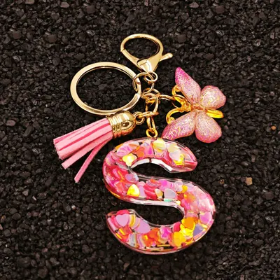 Chaveiro de letra rosa moderno, chaveiro com coração de lantejoulas, borboleta e franjas, pingente de cola cristal para acessórios femininos