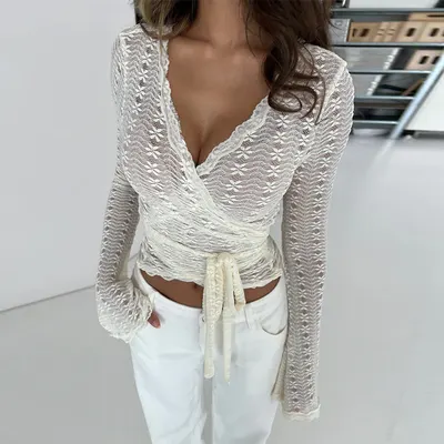 Top YL24443 Outono 2024 Novo Moda Feminina, Estilo Europeu e Americano, Elegante, Sensual, Spicy Girl e Versátil com Amarração na Cintura para Mulheres