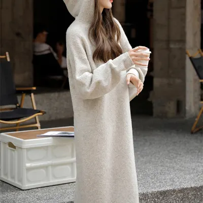 Mid-length Hooded Dress Women s Autumn and Winter Loose Knit Dress
