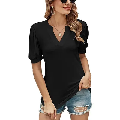 Top Feminino Europeu/Americano Verão 2024 T-shirt Folga Gola V Manga Bufante Cor Sólida Casual