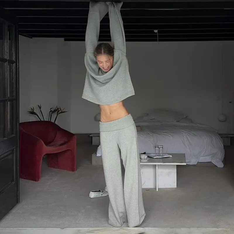 Conjunto de Punto Informal de Moda Transfronterizo, Top Holgado Pullover, Pantalones Rectos de Cintura Doblada, Conjunto de Dos Piezas de Ropa de Casa para Mujer