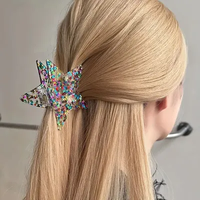 Presilha de rabo de cavalo com estrelas pentagramadas de lantejoulas, presilha de cabelo com estrelas de cor doce