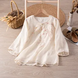 Camisa de Manga 3/4 Dupla de Ramie Chinesa Nova para Verão