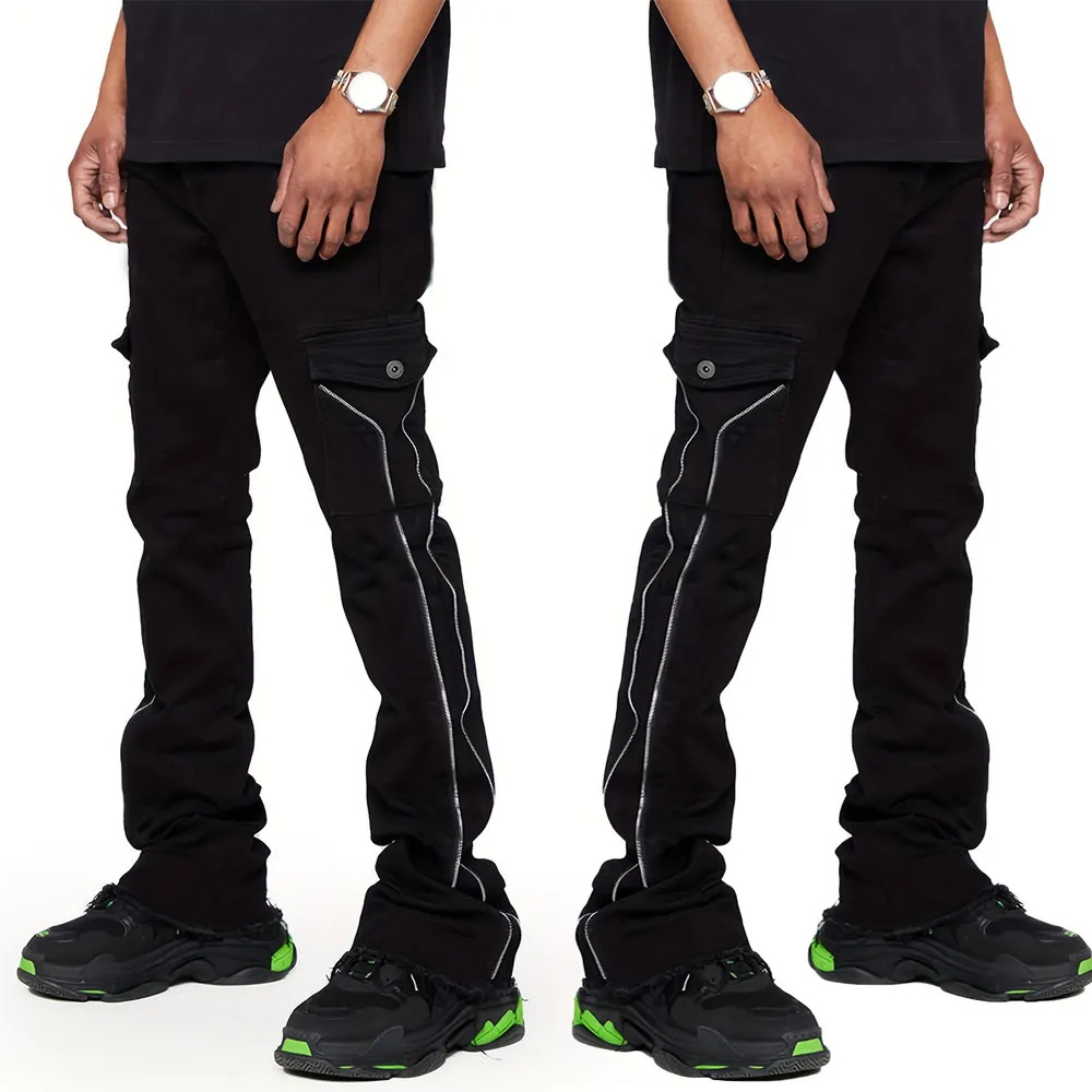 Herrens Jeansarbetsbyxor Lappade Jeans Skiktade Vidbyxor