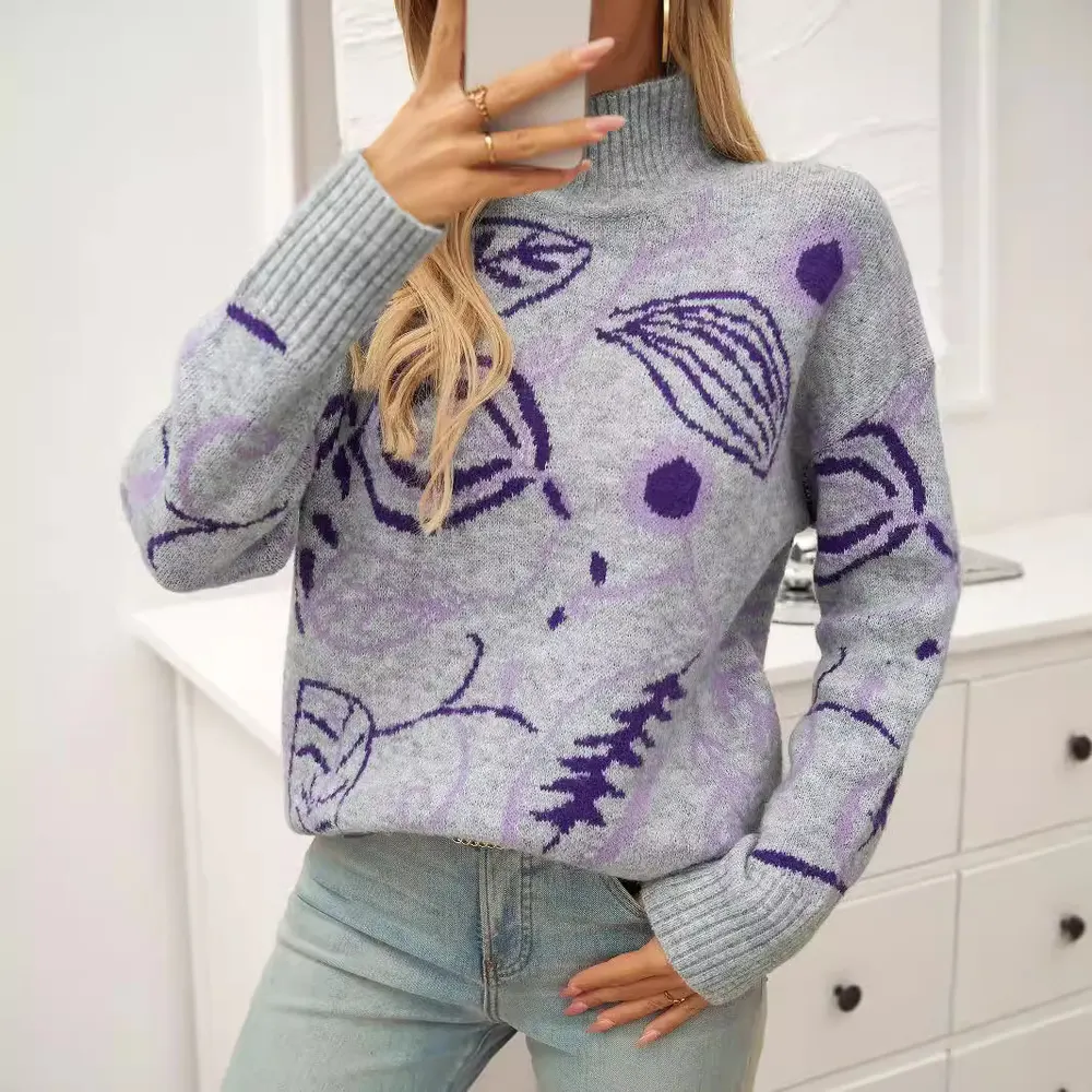 Suéter de Gola Alta com Jacquard, Novo Outono/Inverno, para Mulheres