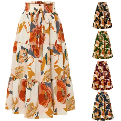 Saia plissada floral com cintura elástica para mulheres
