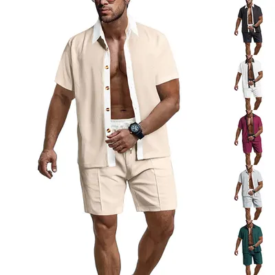 Conjunto Casual de Manga Curta e Calções Waffle Contraste de Cor para Praia Exterior