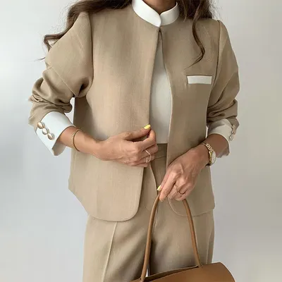 2024秋冬新品女装外贸高级通勤休闲气质拼接色西装外套长裤两件套