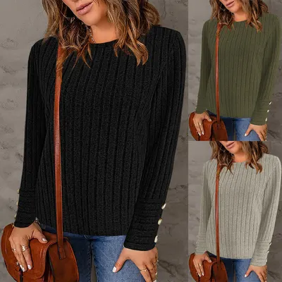 Amazon European and American Cross-border Autumn/Winter Pullover Round Neck New Solid Color Casual Fashion Long Sleeve Button Top T-shirt Women