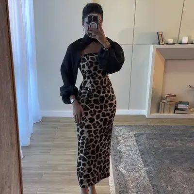Conjunto de duas peças de saia justa com estampa de leopardo, sem alças, para mulher, estilo maduro claro, para uso externo
