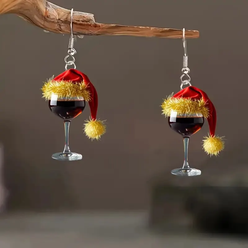 Brincos de acrílico com chapéu de Natal e taça de vinho, best-seller transfronteiriço, brincos de taça de vinho de Natal para atmosfera festiva
