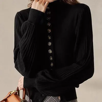 Retro elegant chic patchwork-krage stickad cardigan, höst/vinter lanternärm, smalande casual ytterplagg, kaschmirtopp för kvinnor