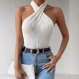 Cross-border Summer New Amazon European and American Design Halter Knot Knit Vest Sexy Short Top for Women