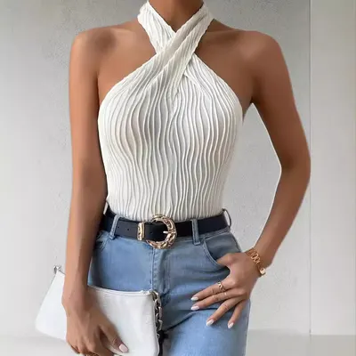 Colete de Tricô com Nó e Alça, Design Europeu e Americano Novo de Verão Transfronteiriço da Amazon, Top Curto Sexy para Mulheres