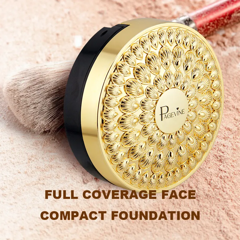 PAGE VINE Pavo Real Oro 24K Diamante Moldeador Doble Capa Polvo Compacto Natural Fresco Duradero No Reseca