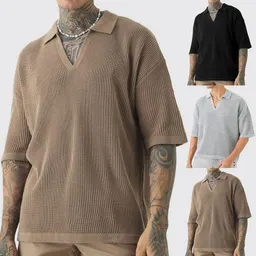 Camisa de manga corta para hombre, informal, con cuello polo y pequeño cuello en V, de moda