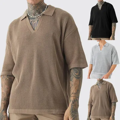 Camisa de manga corta para hombre, informal, con cuello polo y pequeño cuello en V, de moda